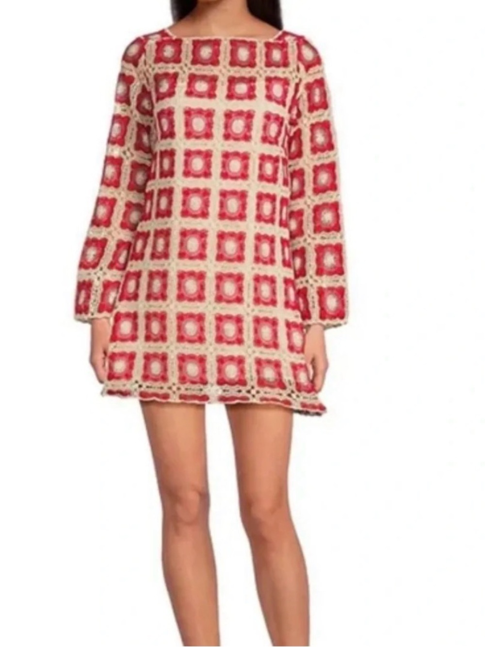 Chelsea & Violet Fuchsia and Cream Crochet Square-Pattern Long Sleeve Dress - Picture 6 of 6